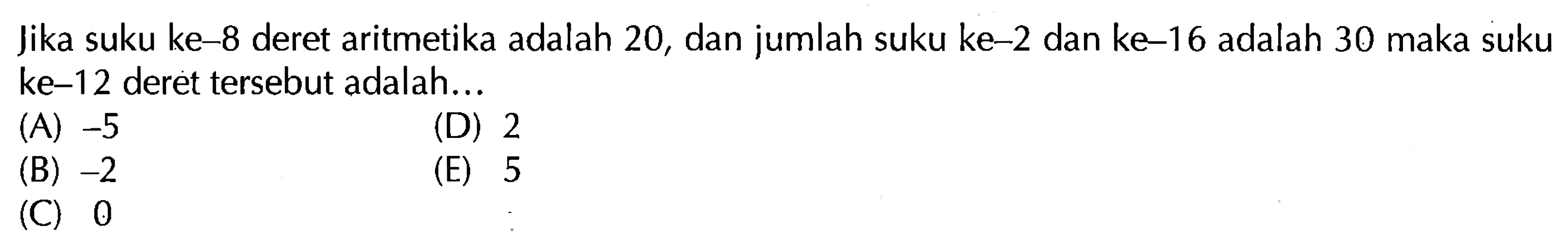 jika suku ke-8 deret aritmetika adalah 20, dan jumlah suku ke-2 dan ke-16 adalah 30 maka suku ke-12 deret tersebut adalah...