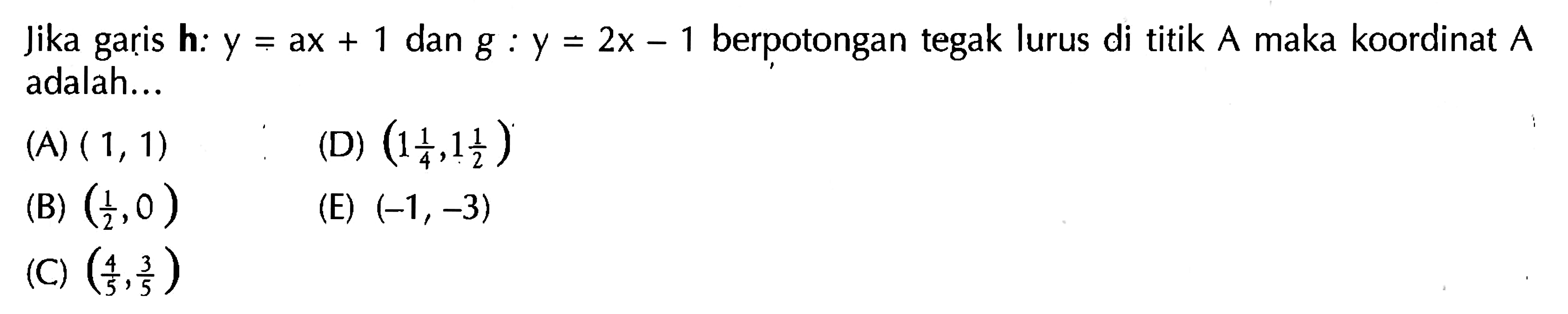 Jika garis h : Y = ax+ 1 dan g : y = 2x - 1 berpotongan tegak lurus di titik A maka koordinat A 1 1 adalah...