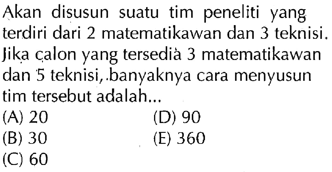 Akan disusun suatu tim peneliti yang terdiri dari 2 matematikawan dan 3 teknisi. jika calon yang tersedià 3 matematikawan dan 5 teknisi, .banyaknya cara menyusun tim tersebut adalah...