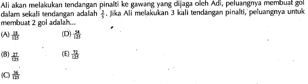 Ali akan melakukan tendangan pinalti kè gawang yang dijaga oleh Adi, peluangnya membuat gol dalam sekali tendangan adalah 3/5. Jika Ali melakukan 3 kali tendàngan pinalti, peluangnya untuk membuat 2 gol adalah...