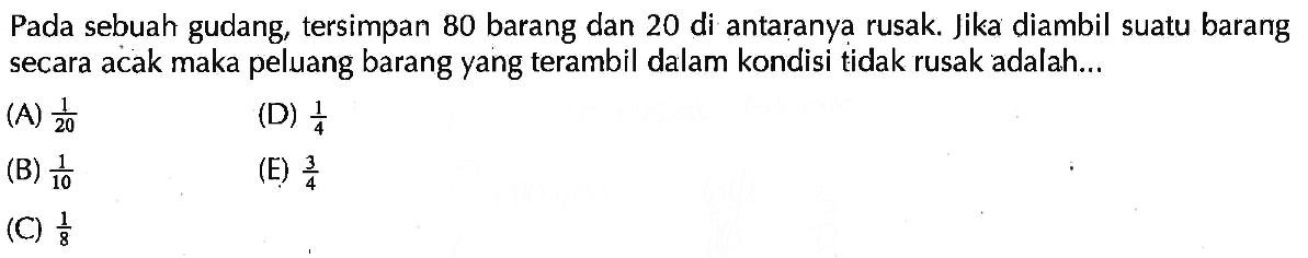 Pada sebuah gudang, tersimpan 80 barang dan 20 di antaranya rusak. Jika diambil suatu barang secara acak maka peluang barang yang terambil dalam kondisi tidak rusak adalah...
