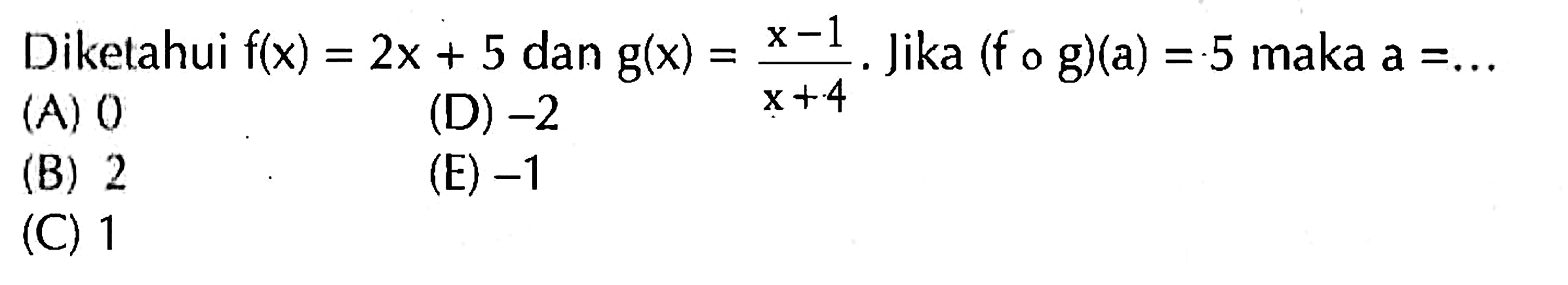 Diketahui f(x)=2x+5 dan g(x)=(x-1)/(x+4). Jika (fog)(a)=5 maka a=...