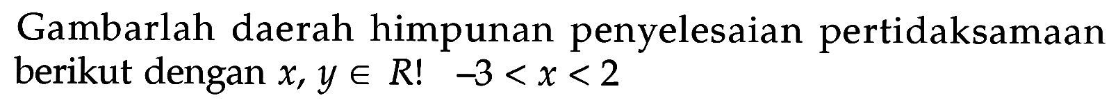 Gambarlah daerah himpunan penyelesaian pertidaksamaan berikut dengan x, y e R! -3<x<2