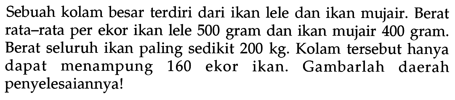 Sebuah kolam besar terdiri dari ikan lele dan ikan mujair. Berat rata-rata per ekor ikan lele 500 gram dan ikan mujair 400 gram. Berat seluruh ikan paling sedikit 200 kg. Kolam tersebut hanya dapat menampung 160 ekor ikan. Gambarlah daerah penyelesaiannya!