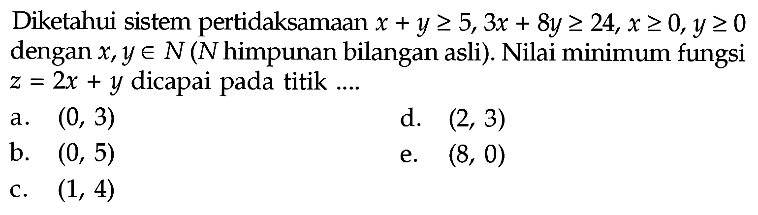 Diketahui sistem pertidaksamaan x+y>=5, 3x+8y>=24, x>=0, y>=0 dengan x, y e N (N himpunan bilangan asli). Nilai minimum fungsi z=2x+y dicapai pada titik ...