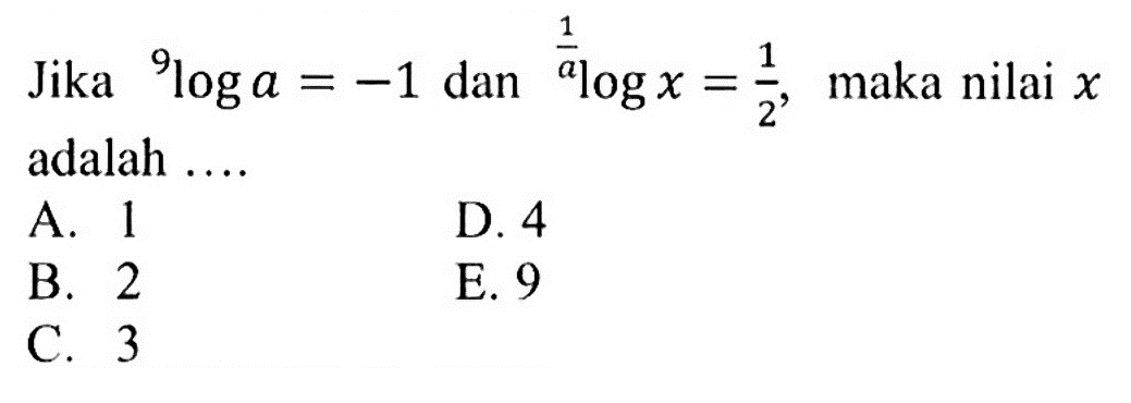 Jika 9loga=-1 dan 1/alogx=1/2, maka nilai x adalah ...