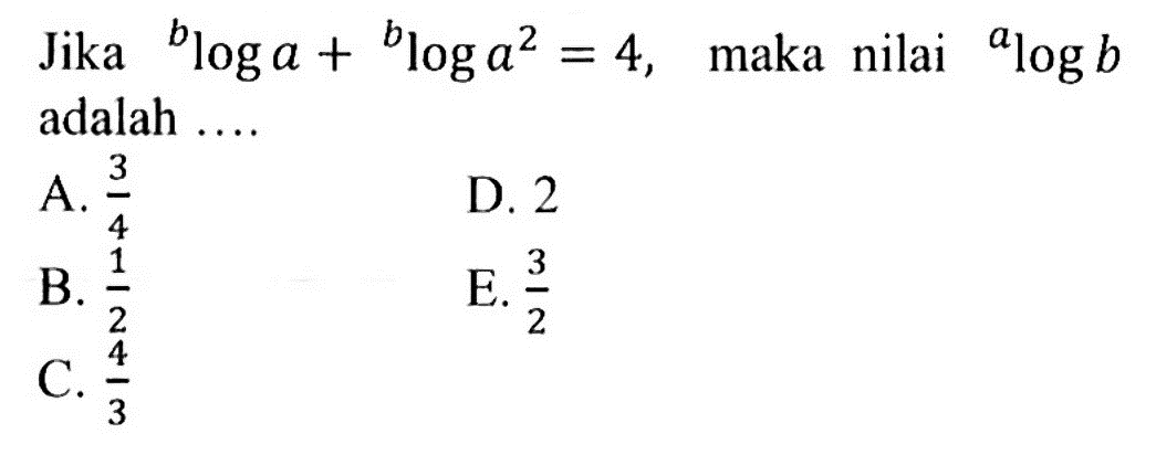 Jika bloga + blog a^2 =4, maka nilai alog b adalah