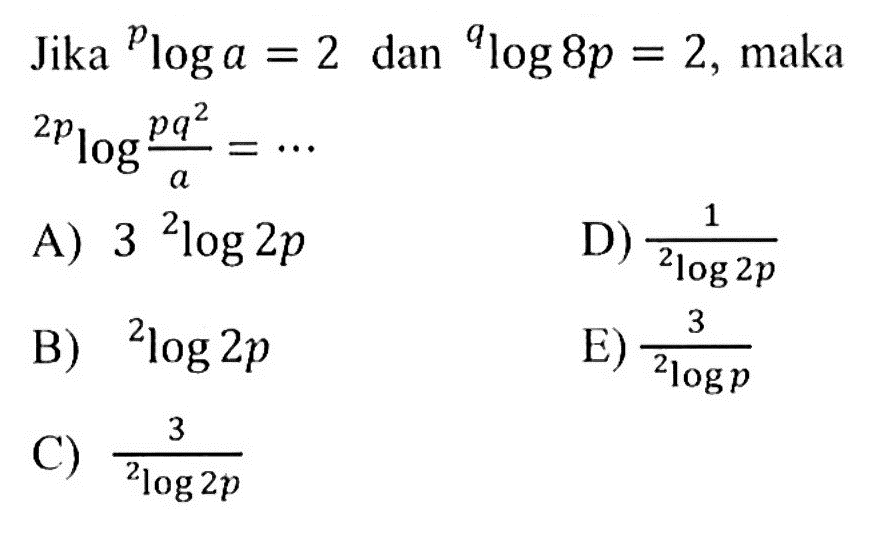 Jika ploga=2 dan qlog8p=2, maka 2plog((pq^2)/a)= ...