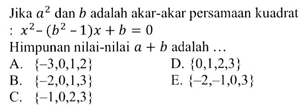 Jika a^2 dan b adalah akar-akar persamaan kuadrat: x^2-(b^2-1)x+b=0 Himpunan nilai-nilai a+b adalah...