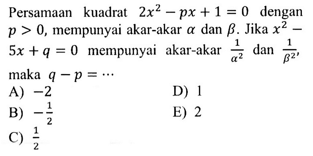 Persamaan kuadrat 2x^2-px+1=0 dengan p>0, mempunyai akar-akar a dan b. Jika x^2-5x+q=0 mempunyai akar-akar 1/(a^2) dan 1/(b^2), maka q-p=...