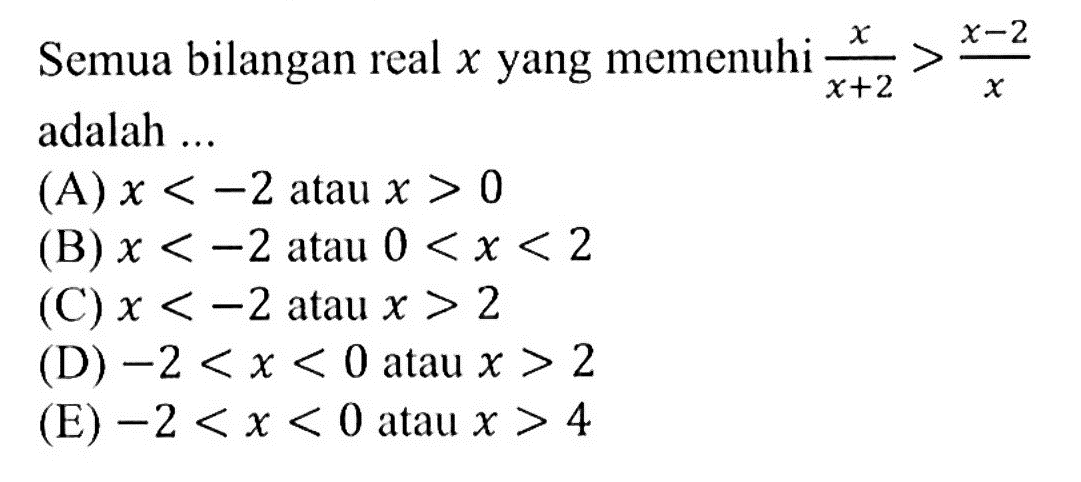 Semua bilangan real x yang memenuhi x/(x+2)>(x-2)/x adalah...