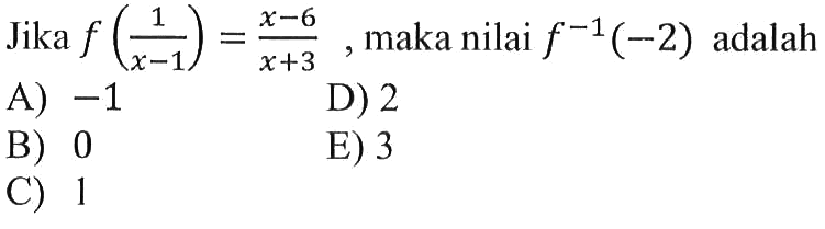 Jika f(1/(x-1))=(x-6)/(x+3), maka nilai f^(-1)(-2) adalah