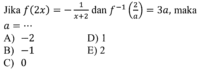 Jika f(2x)=-1/(x+2) dan f^-1(2/a)=3a, maka a=... 