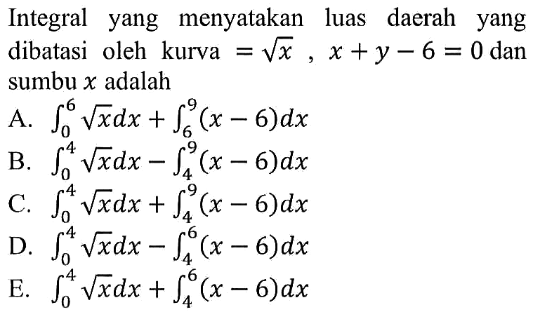 Integral yang menyatakan luas daerah yang dibatasi oleh kurva=akar(x), x+y-6=0 dan sumbu x adalah...