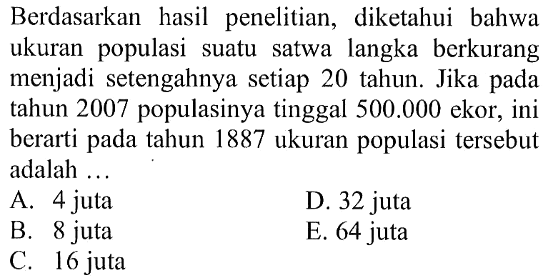 Berdasarkan hasil penelitian, diketahui bahwa ukuran populasi suatu satwa langka berkurang menjadi setengahnya setiap 20 tahun. Jika pada tahun 2007 populasinya tinggal 500.000 ekor, ini berarti pada tahun 1887 ukuran populasi tersebut adalah ...