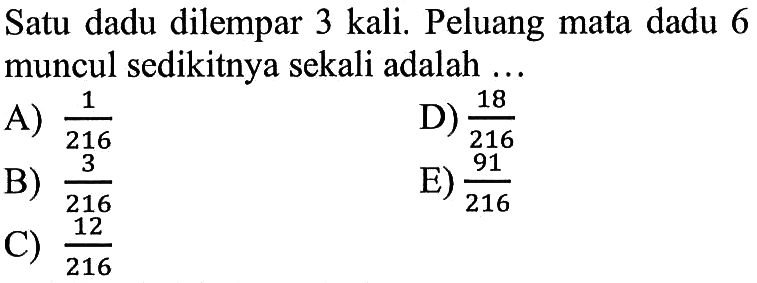 Satu dadu dilempar 3 kali. Peluang mata dadu 6 muncul sedikitnya sekali adalah ...