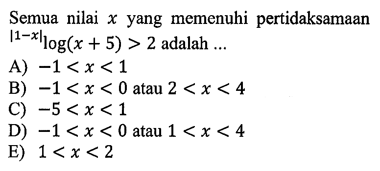 Semua nilai x yang memenuhi pertidaksamaan |1-x|log(x+5)>2 adalah ...