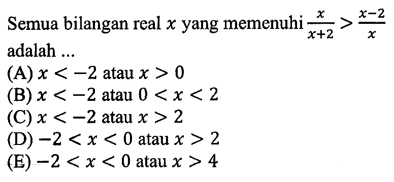 Semua bilangan real x yang memenuhi x/(x+2)>(x-2)/x adalah ...