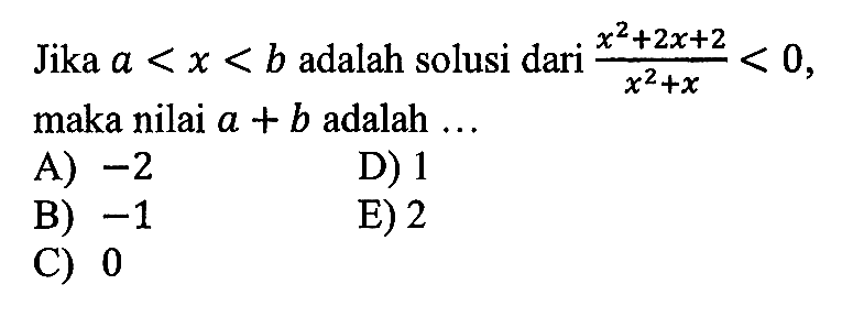 Jika a<x<b adalah solusi dari ((x^2+2x+2)/(x^2+x))<0, maka nilai a+b adalah ...