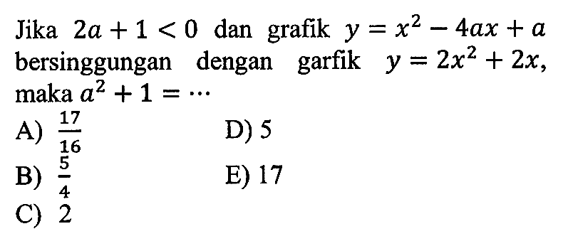 Jika 2a + 1 < 0 dan grafik y = x^2 - 4ax + a bersinggungan dengan garfik y = 2x^2 + 2x, maka a^2 + 1 = ...