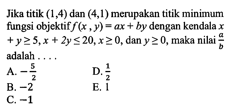 Jika titik (1, 4) dan (4, 1) merupakan titik minimum fungsi objektif f(x, y) = ax + by dengan kendala x + y >= 5, x + 2y <= 20, x >= 0, dan y >= 0, maka nilai a/b adalah ....