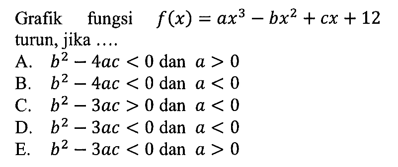 Grafik fungsi f(x)=ax^3-bx^2+cx+12 turun, jika ....
