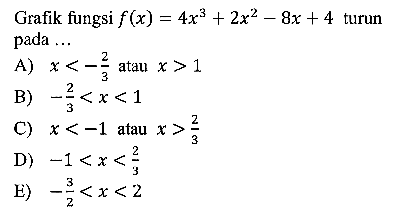 Grafik fungsi f(x)=4x^3+2x^2-8x+4 turun pada ...
