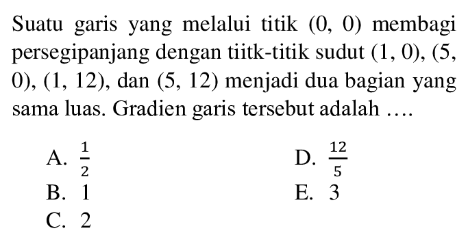 Suatu garis yang melalui titik (0, 0) membagi persegipanjang dengan tiitk-titik sudut (1, 0), (5, 0), (1, 12) , dan (5, 12) menjadi dua bagian yang sama luas. Gradien garis tersebut adalah A. 1/2 D. 12/5 B. 1 E. 3 C. 2