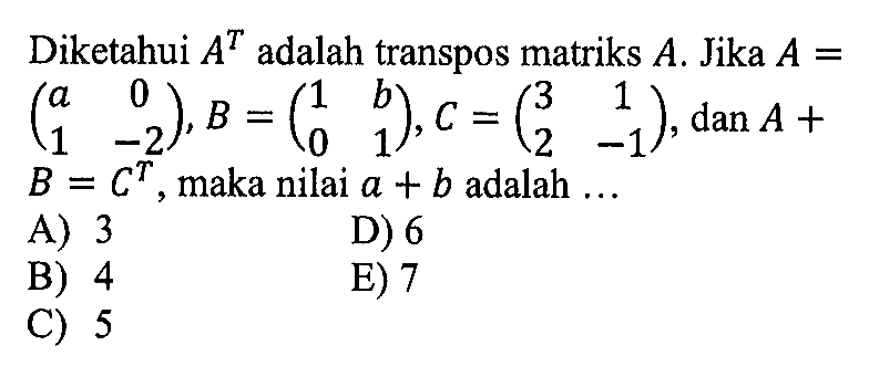 Diketahui A^T adalah transpos matriks A. Jika A=(a 0 1 -2), B=(1 b 0 1), C=(3 1 2 -1), dan A+B=C^T, maka nilai a+b adalah...