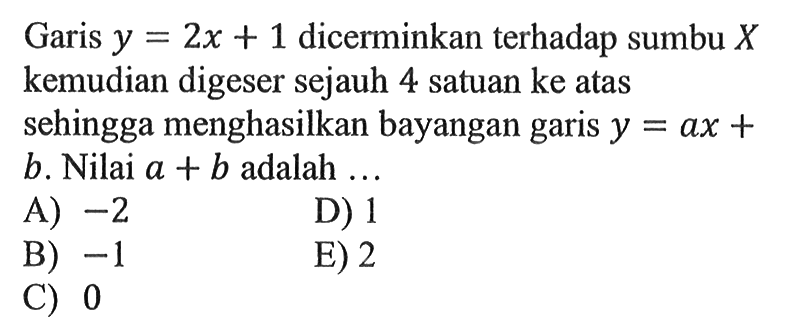 Garis y=2x+1 dicerminkan terhadap sumbu X kemudian digeser sejauh 4 satuan ke atas sehingga menghasilkan bayangan garis y=ax+b. Nilai a+b adalah ...