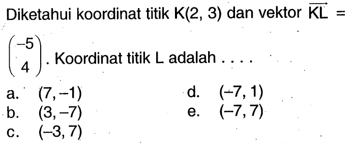 Diketahui koordinat titik K(2,3) dan vektor KL=(-5 4). Koordinat titik L adalah ....