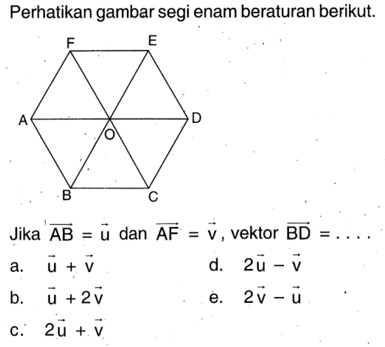 Perhatikan gambar segi enam beraturan berikut.Jika  AB=u  dan  AF=v , vektor  BD=.... 