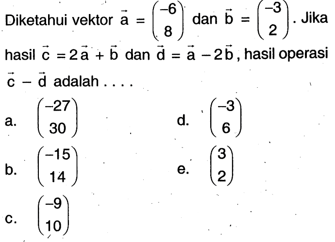 Diketahui vektor a=(-6 8) dan vektor b=(-3 2). Jika hasil vektor c=2vektor a+vektor b dan vektor d=vektor a-2vektor b, hasil operasi vektor  c- vektor d adalah ....