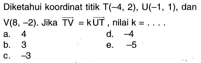 Diketahui koordinat titik T(-4,2), U(-1,1), dan V(8,-2). Jika TV=kUT, nilai k=...