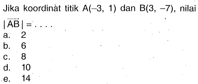 Jika koordinat titik A(-3,1) dan B(3,-7), nilai |vektor AB|=...