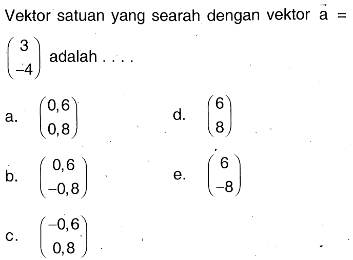 Vektor satuan yang searah dengan vektor vektor a=(3 -4) adalah ...