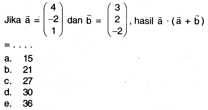 Jika a=(4 -2 1) dan b=(3 2 -2), hasil a.(a+b)=