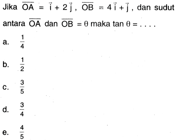 Jika vektor OA=i+2j, vektor OB=4i+j, dan sudut antara vektor OA dan vektor OB=theta maka tan theta=...