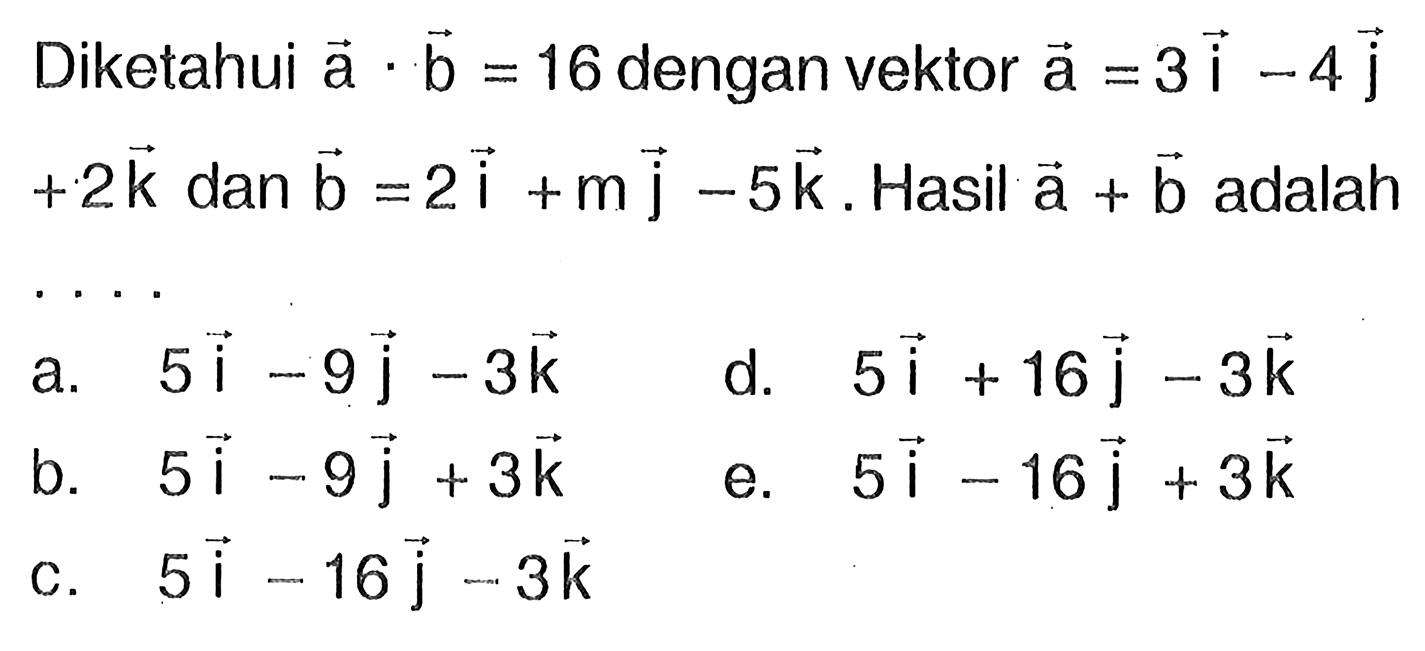 Diketahui a.b=16 dengan vektor a=3i-4j+2k dan b=2i+mj-5k. Hasil a+b adalah...