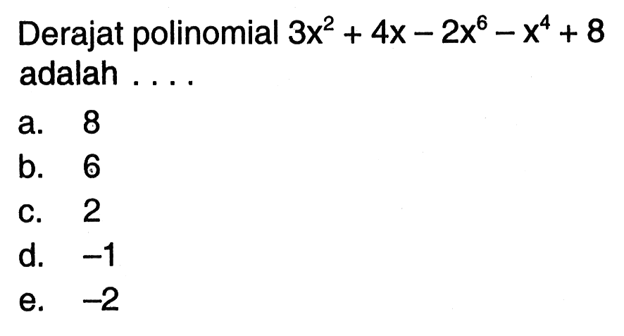 Derajat polinomial 3x^2+4x-2x^6-x^4+8 adalah....