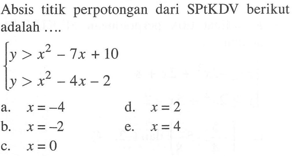 Absis titik perpotongan dari SPtKDV berikut adalah.... y>x^2-7x+10 y>x^2-4x-2