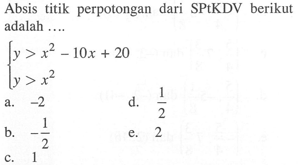 Absis titik perpotongan dari SPtKDV berikut adalah y>x^2-10x + 20 y > x^2