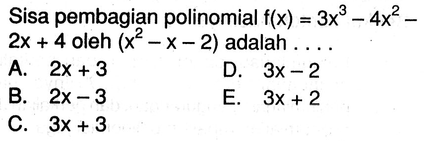 Sisa pembagian polinomial f(x)=3x^3-4x^2-2x+4 oleh (x^2-x-2) adalah ....