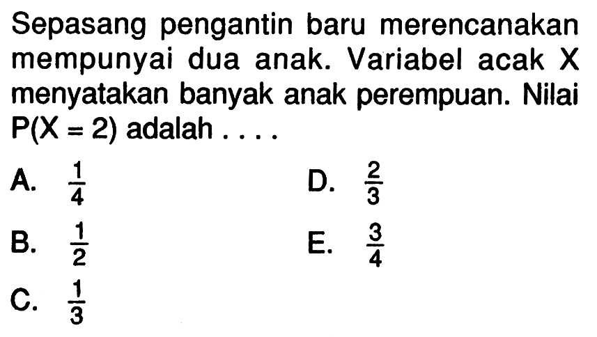 Sepasang pengantin baru merencanakan mempunyai dua anak. Variabel acak X menyatakan banyak anak perempuan. Nilai P(X=2) adalah ...