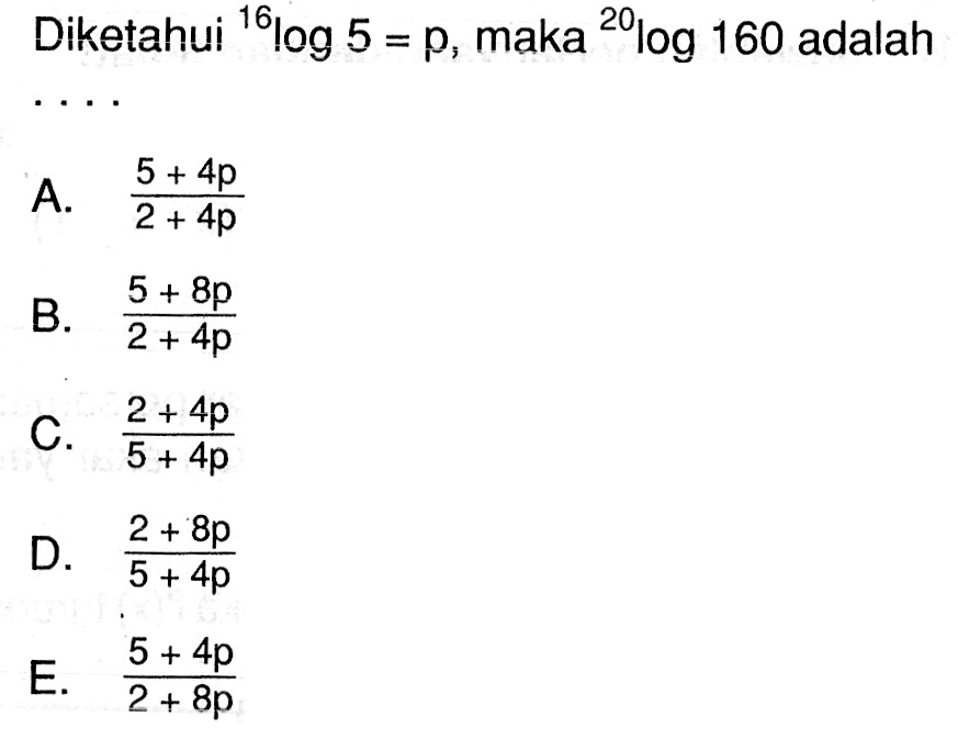 Diketahui 16log5=p, maka 20log160 adalah....