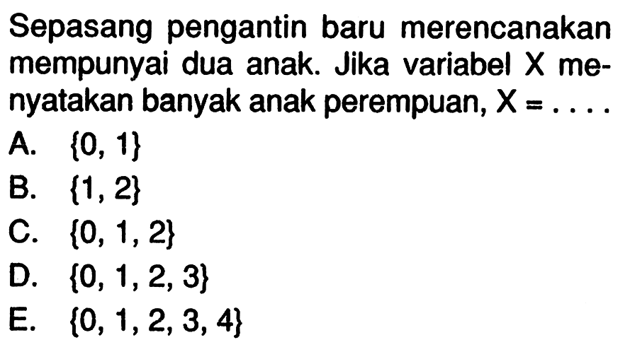 Sepasang pengantin baru merencanakan mempunyai dua anak. Jika variabel  X  menyatakan banyak anak perempuan,  X=...A.  \0,1\ B.  \1,2\ C.  \0,1,2\ D.  \0,1,2,3\ E.  \0,1,2,3,4\ 