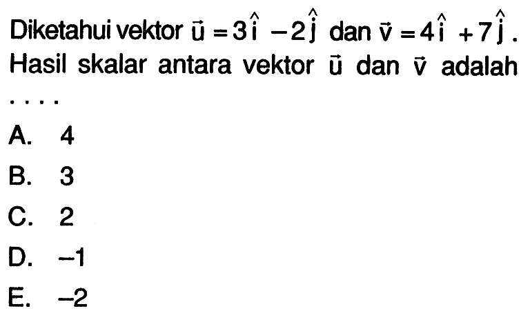 Diketahui vektor u=3i-2j dan vektor v=4i+7j. Hasil skalar antara vektor u dan vektor v adalah... 