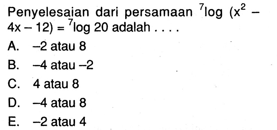 Penyelesaian dari persamaan 7log(x^2-4x-12)=7log20 adalah....