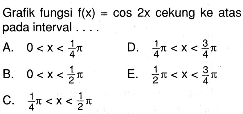 Grafik fungsi f(x)=cos(2x) cekung ke atas pada interval ....