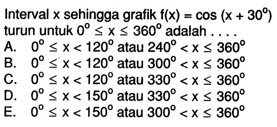 Interval  x  sehingga grafik f(x)=cos(x+30) turun untuk 0<=x<=360  adalah...
